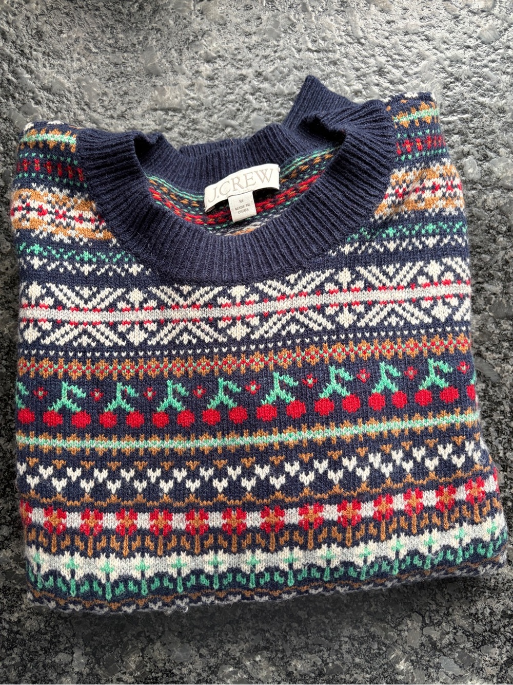 J. Crew Navy Fair Isle Crewneck Sweater with Red and Green Accents